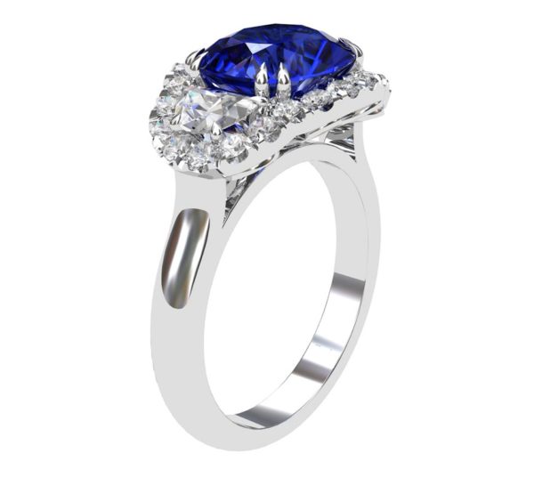 3 Carat Cushion Cut Sapphire Three Stone Halo Engagement Ring 4 2