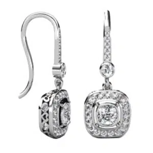 Cushion Cut Diamond Halo Drop Earrings with Heart Filigree