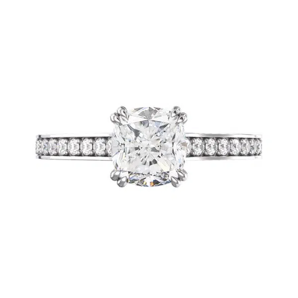 Double Prong Cushion Cut Diamond Engagement Ring with Channel Set Diamond Half Band