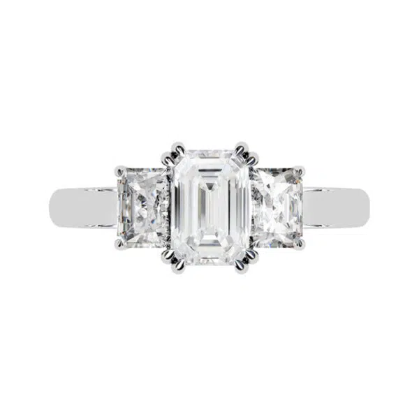 Double Prong Emerald Cut Diamond Three Stone Engagement Ring white copy