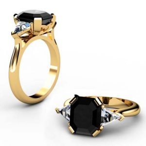 Emerald Cut Black Diamond Three Stone Yellow Gold Ring 1 2