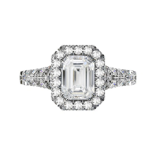 Emerald Cut Diamond Halo Engagement Ring with Filigree Detailing