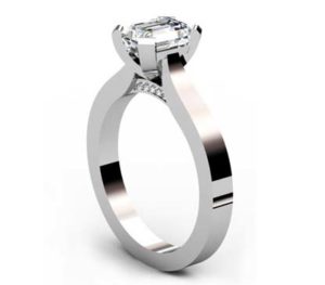 Emerald Cut Diamond Solitaire Engagement Ring with Flat Band and Diamond Detailing Underneath 4 2