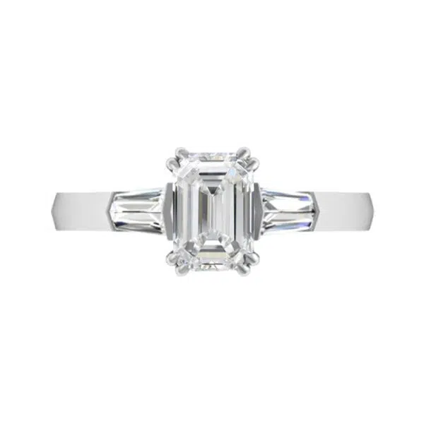 Emerald Cut Diamond Three Stone Engagement Ring with Knife’s Edge Band