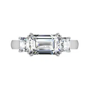 Horizontal Emerald Cut Diamond Three Stone Engagement Ring white