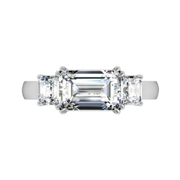 Horizontal Emerald Cut Diamond Three Stone Engagement Ring white