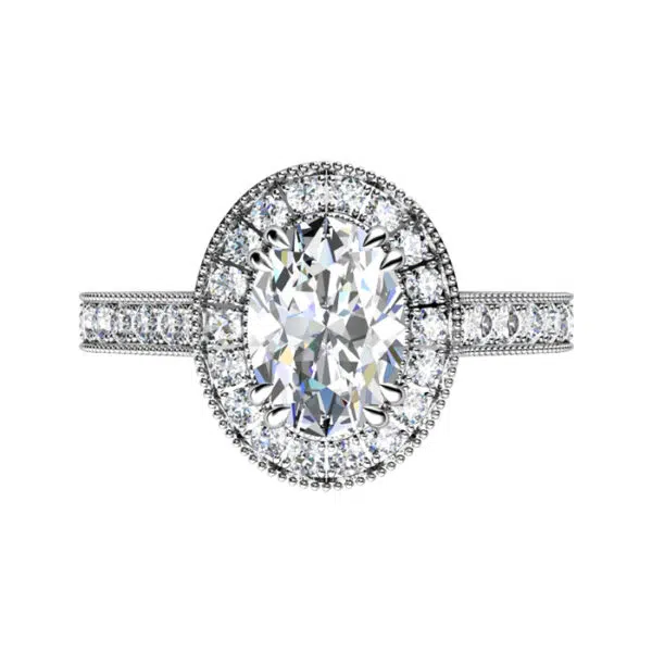 Oval Shaped Diamond Halo Engagement Ring with Diamond Encrusted Half Band white 2