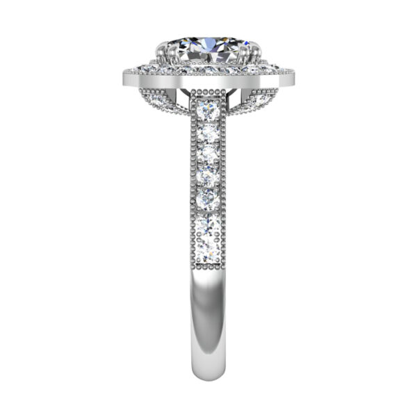 Oval Shaped Diamond Halo Engagement Ring with Diamond Encrusted Half Band white