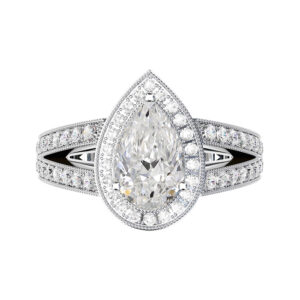 Pear Shaped Diamond Halo Engagement Ring with Split Shank and Milgrain Beading white copy 2