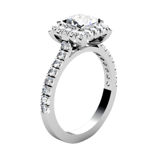 Princess Cut Halo Diamond Engagement Ring with Cut Down Diamond Band white 2