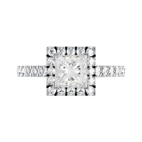 Princess Cut Halo Diamond Engagement Ring with Cut Down Diamond Band white copy