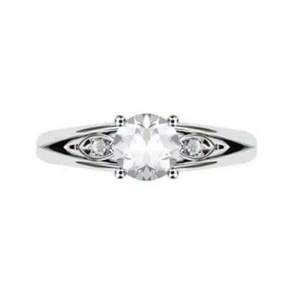 Round Brilliant Cut Diamond Leaf Motif Engagement Ring w