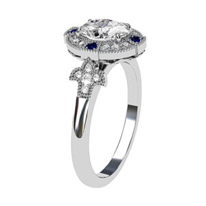 Sapphire and Diamond Halo with Fleur de Lis Detailing white 2