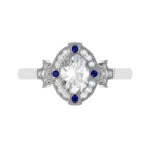 Sapphire and Diamond Halo with Fleur de Lis Detailing white