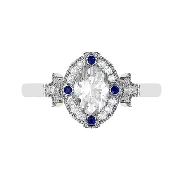 Sapphire and Diamond Halo with Fleur de Lis Detailing white