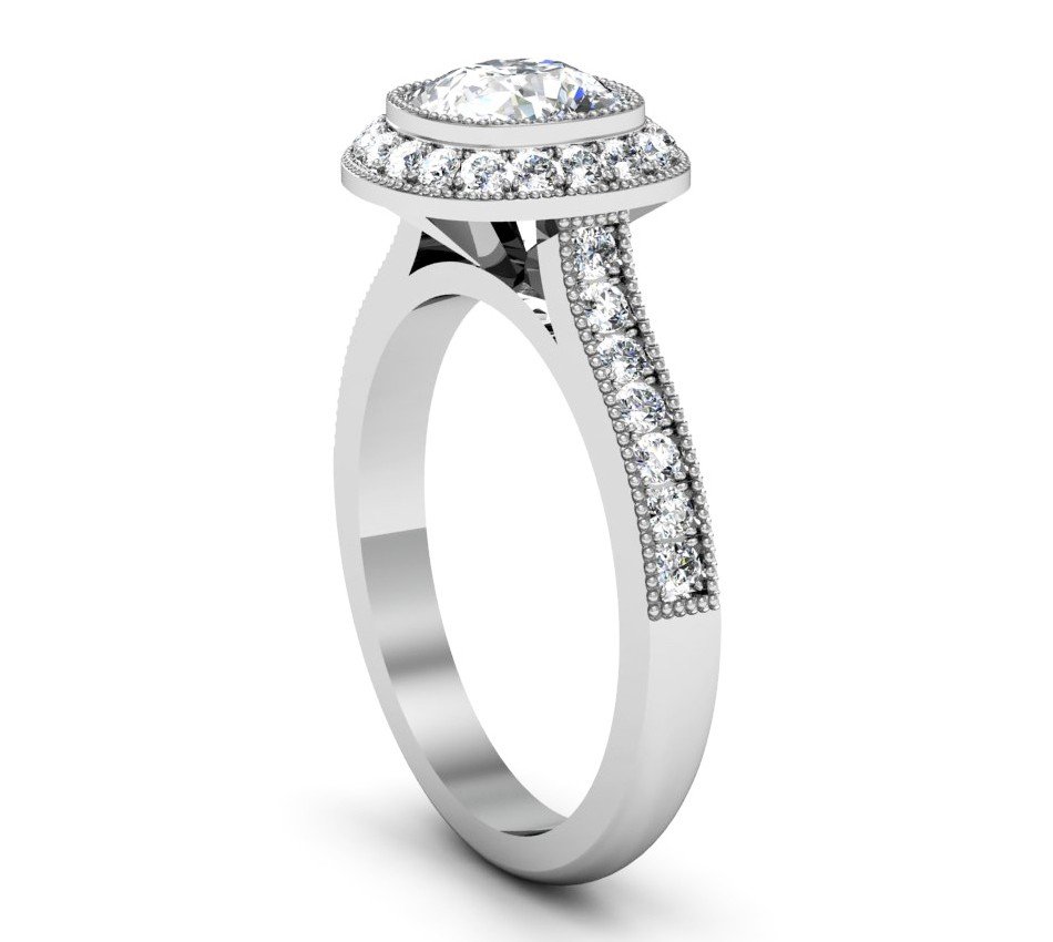 Vintage Style Cushion Cut Diamond Halo Bezel Set Engagement Ring