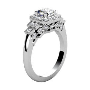 Vintage Style Emerald Cut Halo Diamond Engagement Ring with Unique Basket Detailing white 2