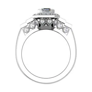 Vintage Style Emerald Cut Halo Diamond Engagement Ring with Unique Basket Detailing white 3