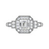 Vintage Style Emerald Cut Halo Diamond Engagement Ring with Unique Basket Detailing white copy