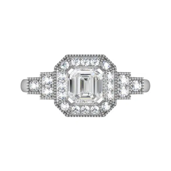 Vintage Style Emerald Cut Halo Diamond Engagement Ring with Unique Basket Detailing white copy