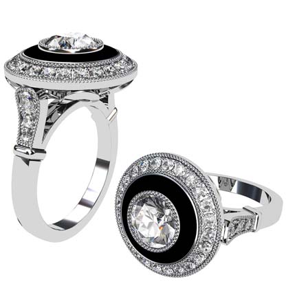 Vintage Style Round Brilliant Cut Diamond And Onyx Target Ring