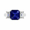 blue sapphire asscher cut three stone engagement ring