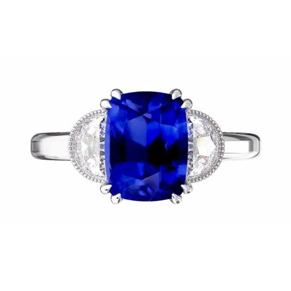 Blue Sapphire Engagement Ring with Side Half Moon shaped Diamonds 2