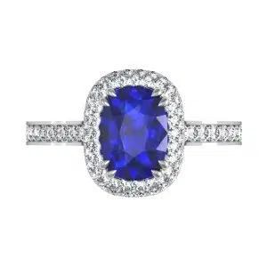 Cushion Cut Blue Sapphire Engagement Ring with Micro Pave Set Halo 2