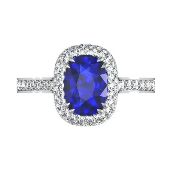 Cushion Cut Blue Sapphire Engagement Ring with Micro Pave Set Halo 2