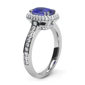 Cushion Cut Blue Sapphire Engagement Ring with Micro Pave Set Halo 4