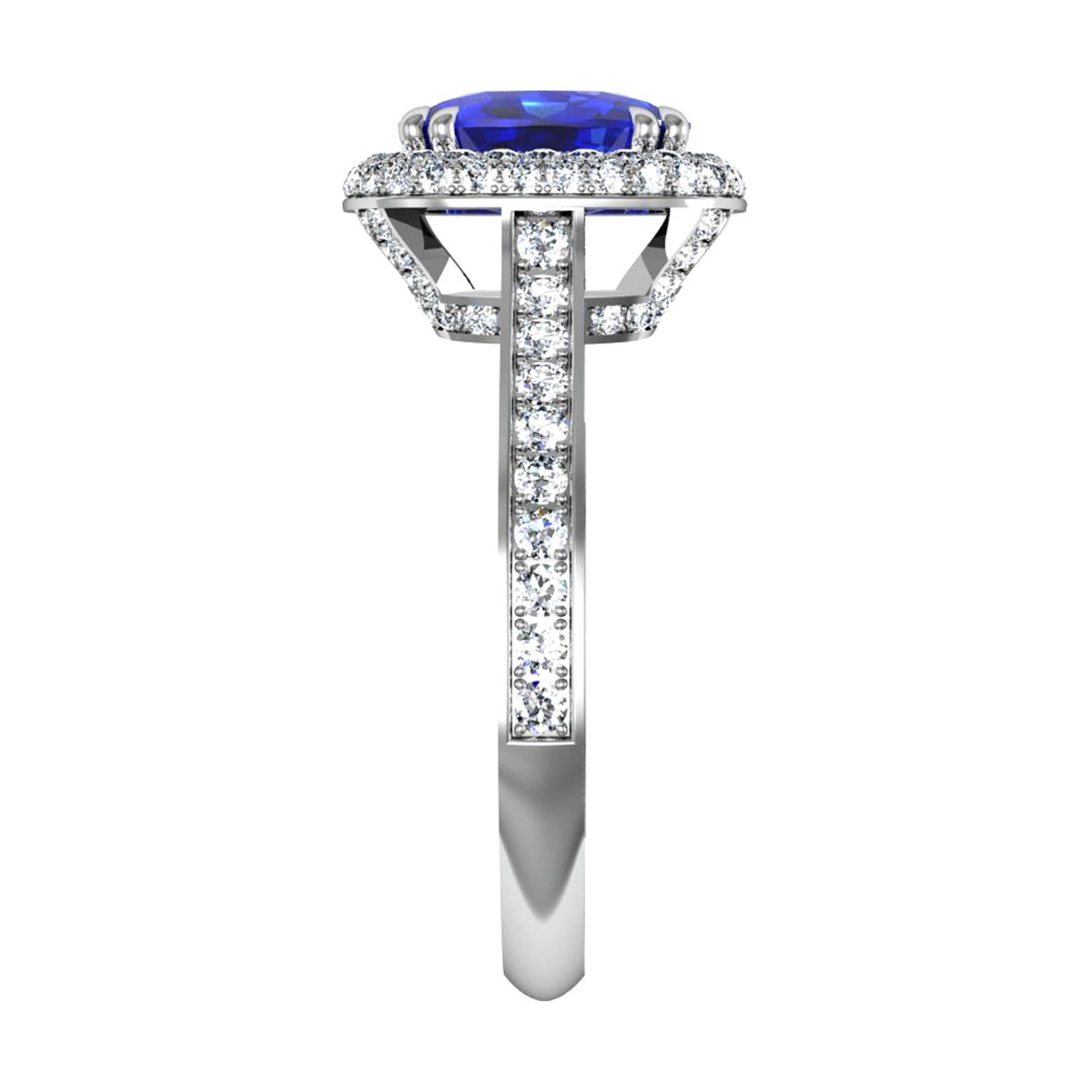 Cushion Cut Blue Sapphire Engagement Ring | Micro Pave Set Halo