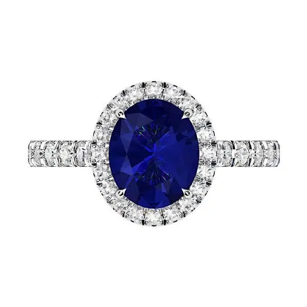 Oval Shaped Blue Sapphire Halo Engagement Ring with Diamond Band 2