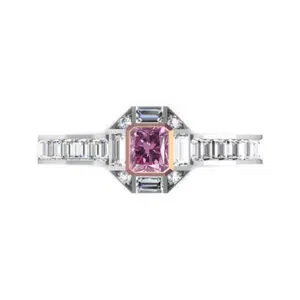 Radiant Pink Diamond Engagement Ring with Baguette and Round Diamond Accents white