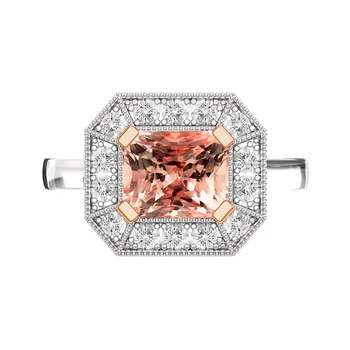 Art Deco Padparadscha Sapphire Halo Engagement Ring