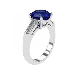 blue sapphire and baguette diamond three stone ring 3