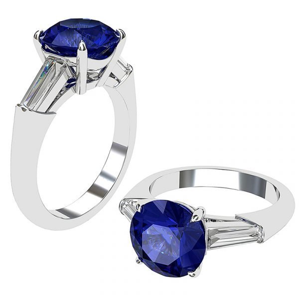 blue sapphire and baguette diamond three stone ring