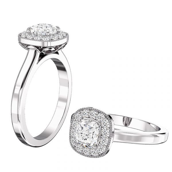 cushion cut diamond in vintage halo style setting