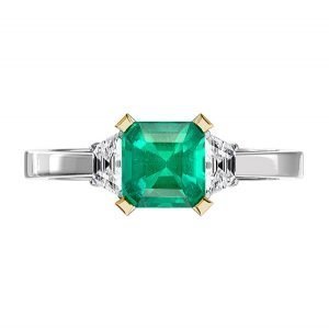 emerald three stone trapezoid diamond ring