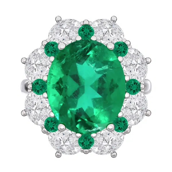 emerald halo ring with small emerald details