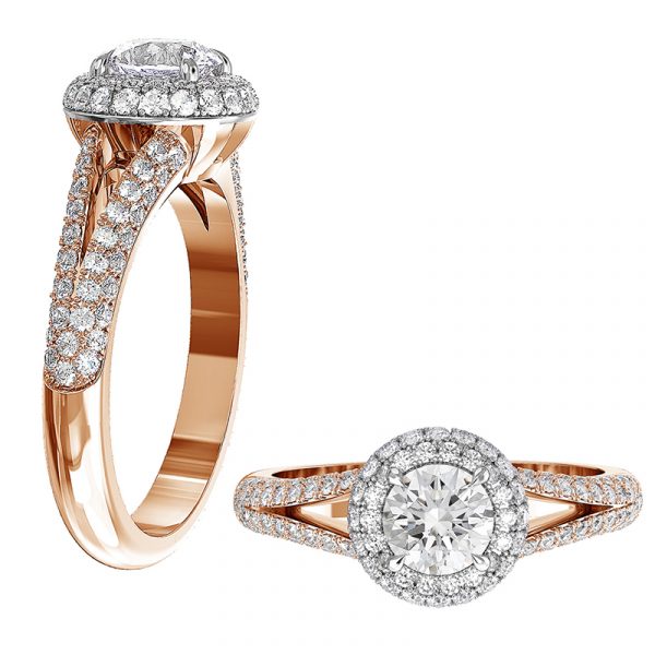 split shank halo rose gold engagement ring