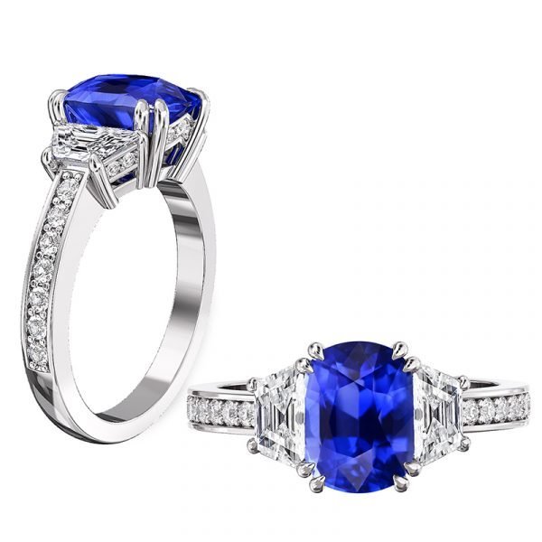 three stone sapphire ring with pave band