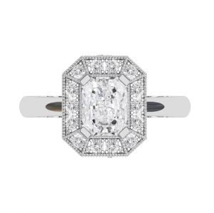 Radiant halo millgrain diamond engagement ring