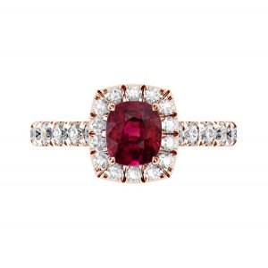 Rose gold Cushion ruby halo ring