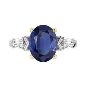 oval sapphire three stone ring with bullet diamond side stones