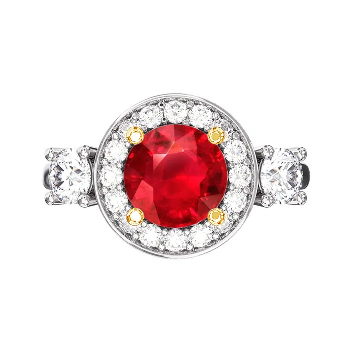 Three Stone Ruby and Diamond Halo Ring | Waldemar Jewellers