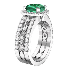 Triple Diamond Band Asscher Cut Emerald Halo Ring 2