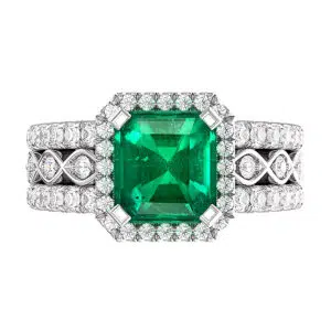 Triple Diamond Band Asscher Cut Emerald Halo Ring