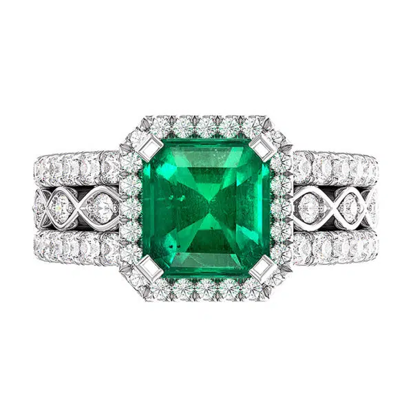 Triple Diamond Band Asscher Cut Emerald Halo Ring