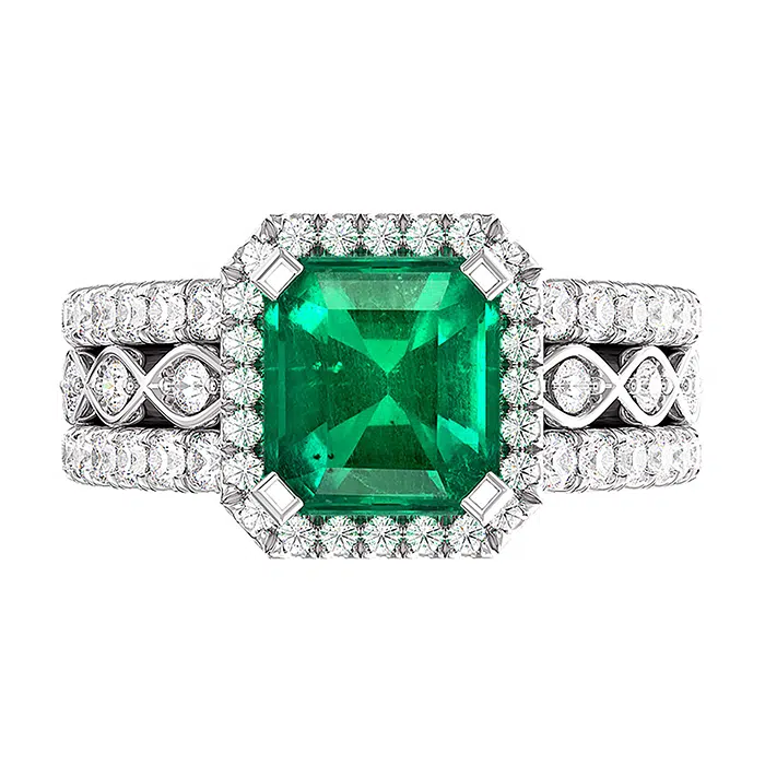 Asscher Cut Emerald Triple Diamond Band Halo Ring