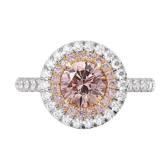 pink diamond double halo with rose gold engagement ring